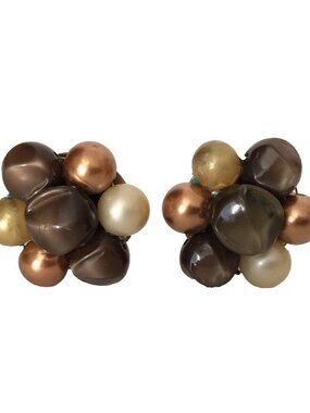 Mid Century Moonglow Lucite Beads 1 1/8" Clip on Earrings VGC Made in Japan VGC